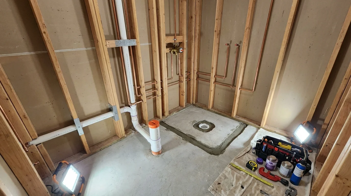 Bathroom rough-in plumbing during remodel by Johns Plumbing LLC in Key West