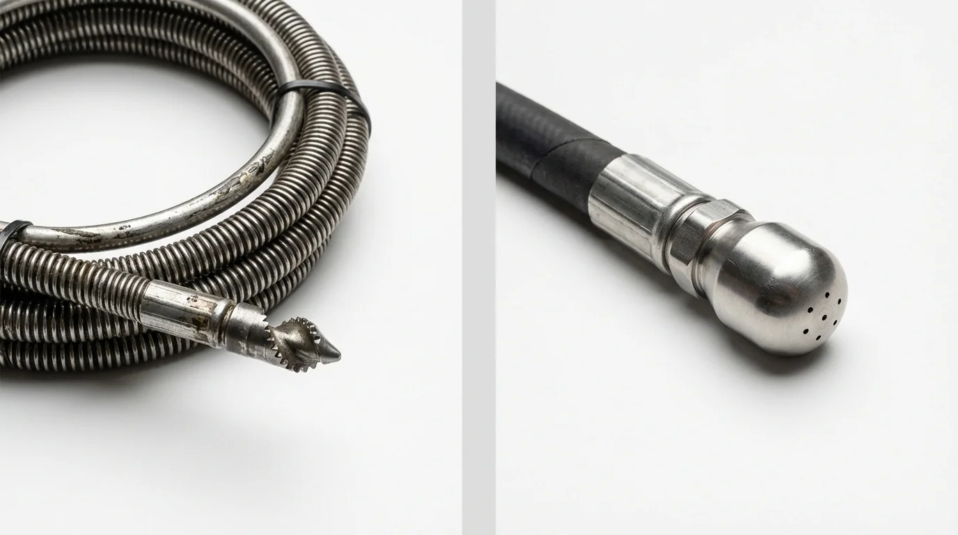 Drain snake cable and hydro jetting nozzle used for drain cleaning in Key West, FL