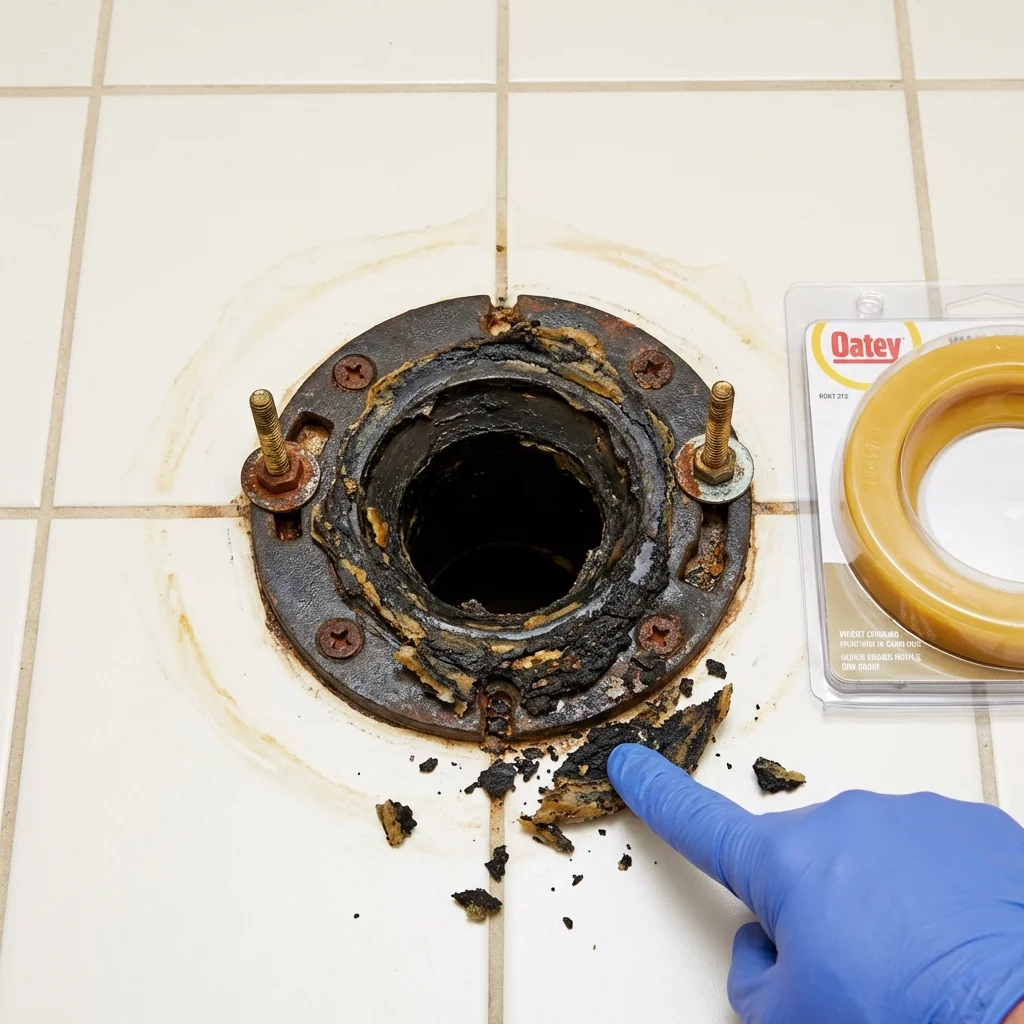 Failed wax ring showing water seepage at the base of a toilet in a Key West, FL home